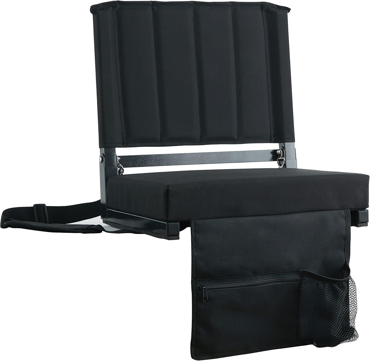 Solid Black Outdoor Bleacher Chair with Cushion and Shoulder Strap - 350 lbs