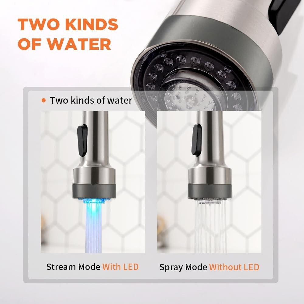 Modern Brushed Nickel Kitchen Faucet with 360° Pull Down Sprayer & LED Light