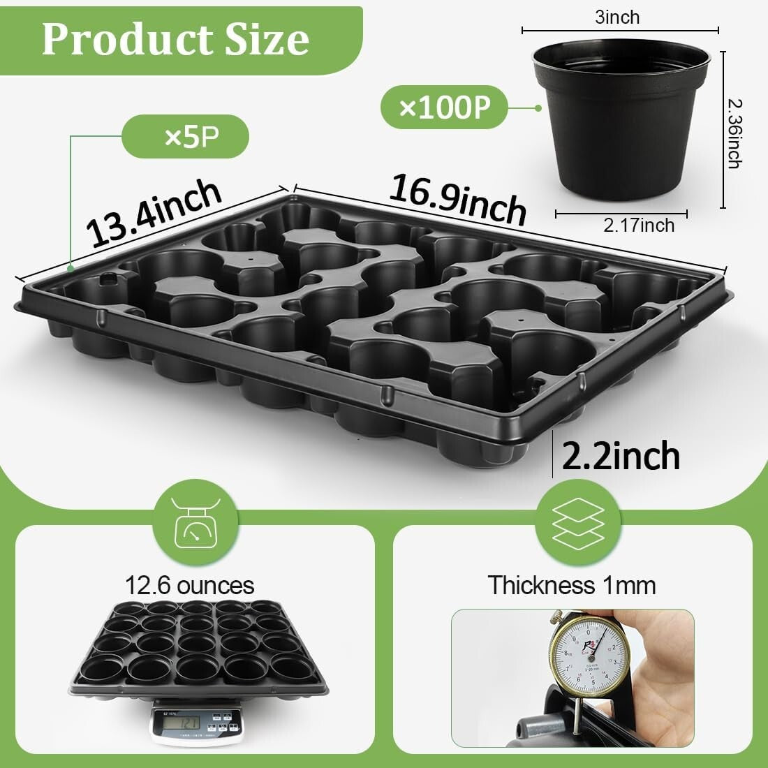 100-Pack 3 Inch Plastic Pots with 5 Seed Starter Trays - Effective Planting Kit