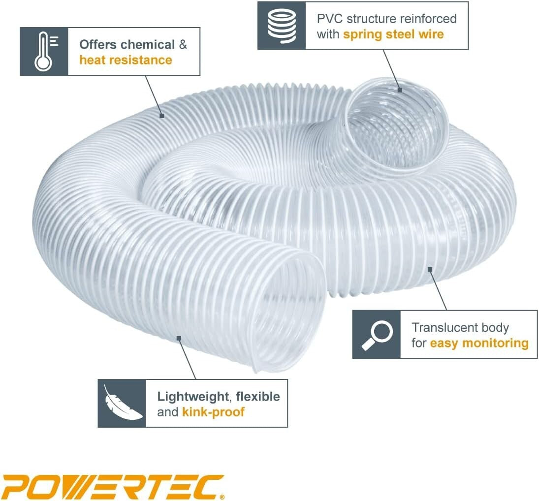 2-1/2" x 20' PVC Dust Collection Hose with 2 Stainless Steel Clamps - Worksho...