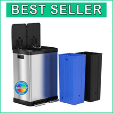 Load image into Gallery viewer, Elegant 16-Gallon Stainless Steel Dual Trash Can &amp; Recycling Bin with Soft-Close