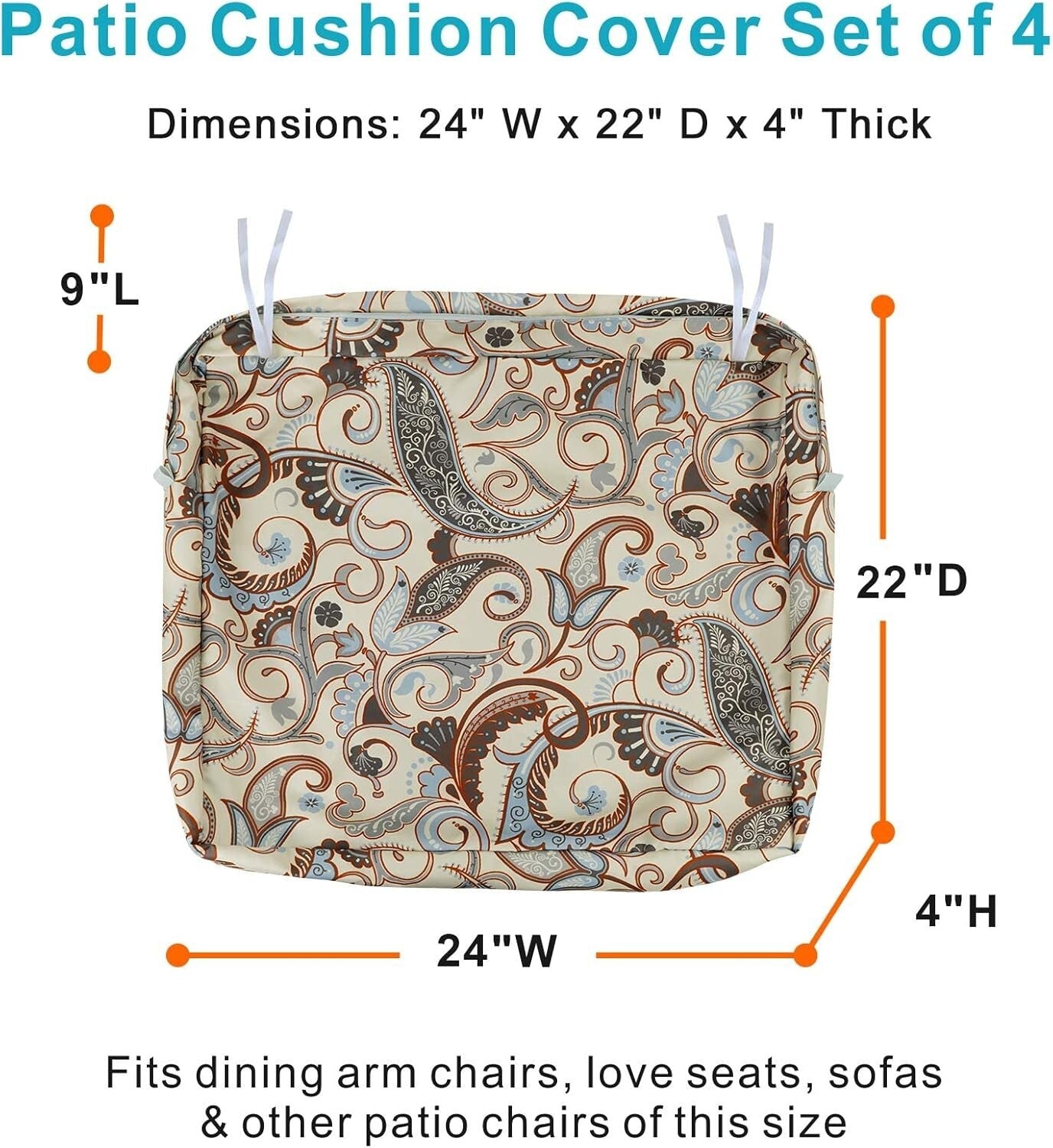 UV-Resistant Vintage Cushion Slip Covers with Ties - Fits 24x22x4 Inch Chairs