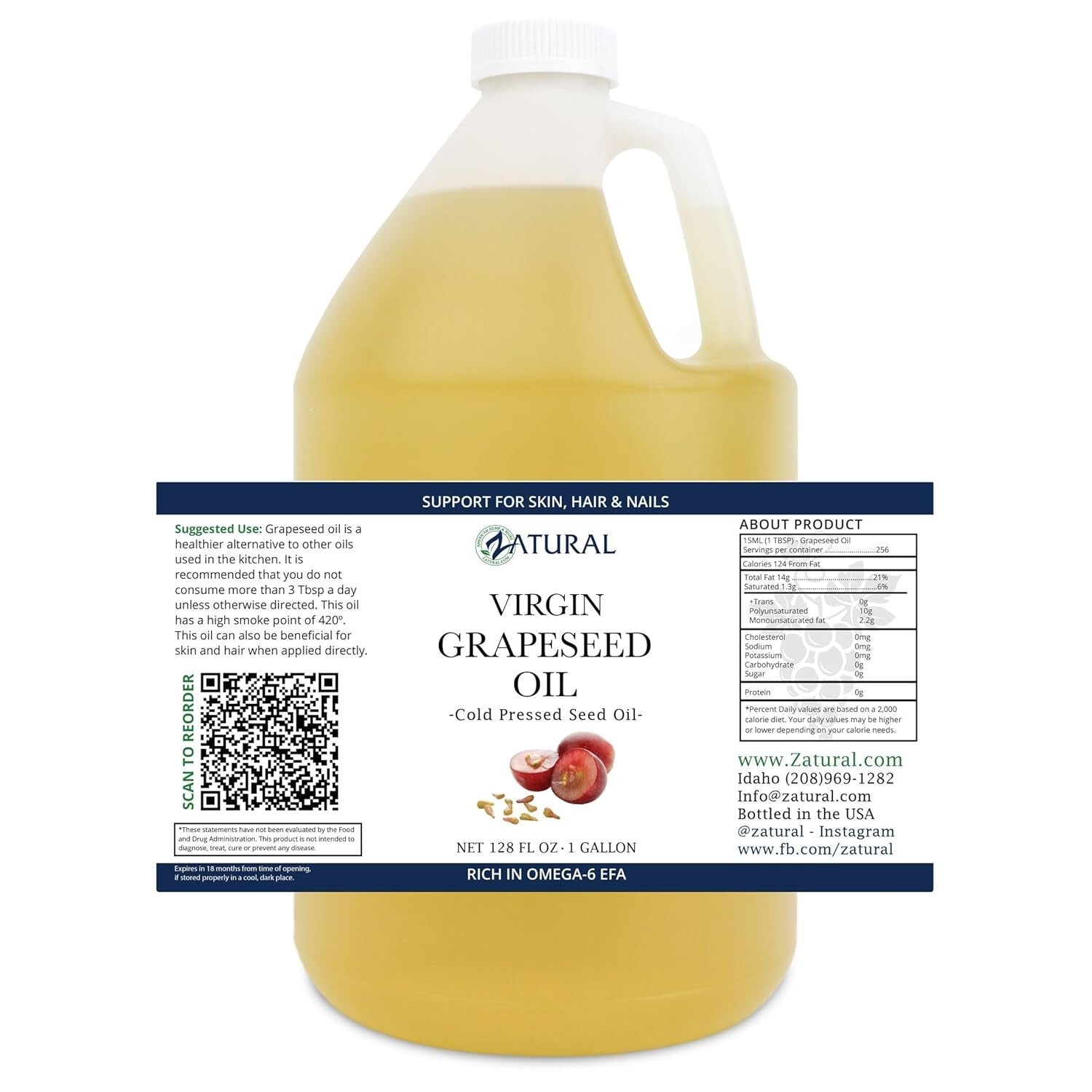 Antioxidant-Rich Cold Pressed Grapeseed Oil for Cooking & Skin Care, 1 Gallon