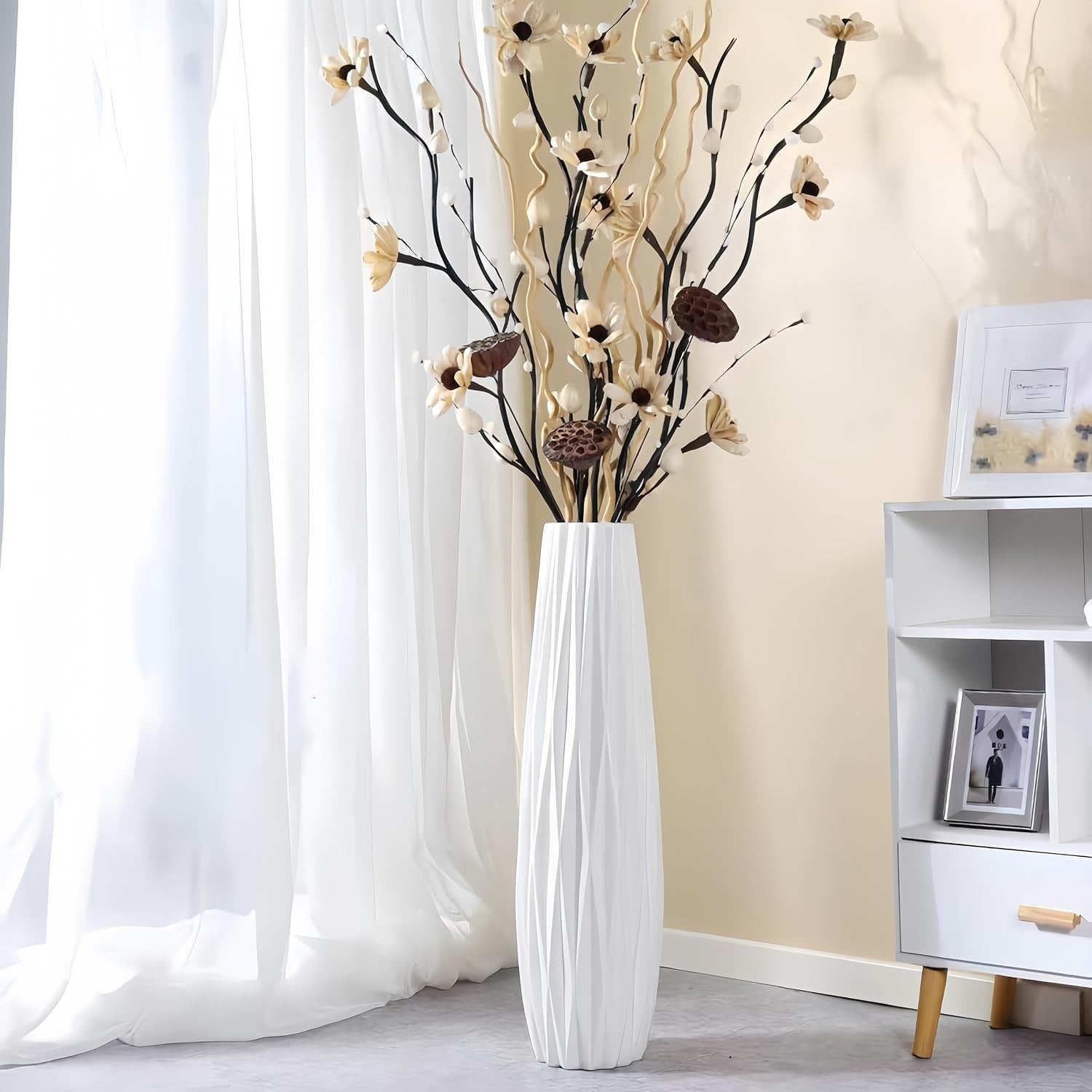 Durable 24-Inch White Ceramic Vase with Floral Pattern - Modern Home Centerpiece