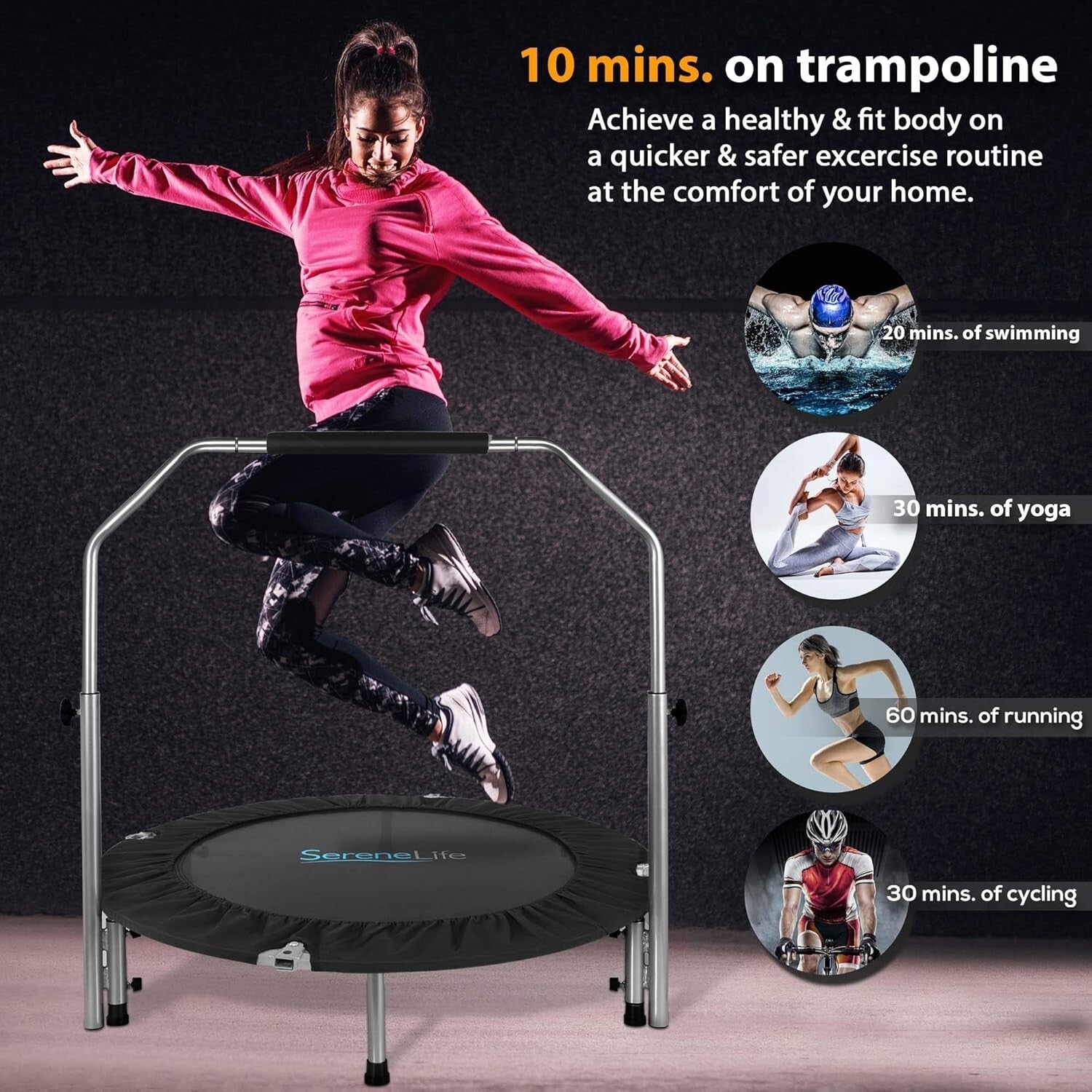 Adjustable Handle Foldable Mini Trampoline - Outdoor/Indoor Fitness Equipment