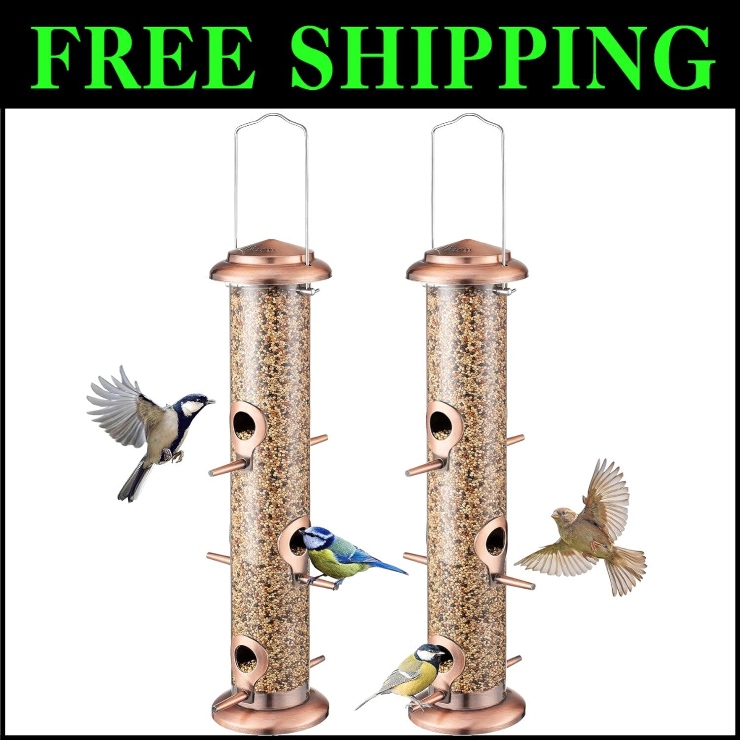 Durable Outdoor Bird Feeders in Brushed Copper with Six Ports - Bird Lover Gift