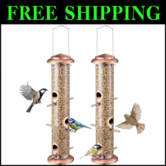 Durable Outdoor Bird Feeders in Brushed Copper with Six Ports - Bird Lover Gift