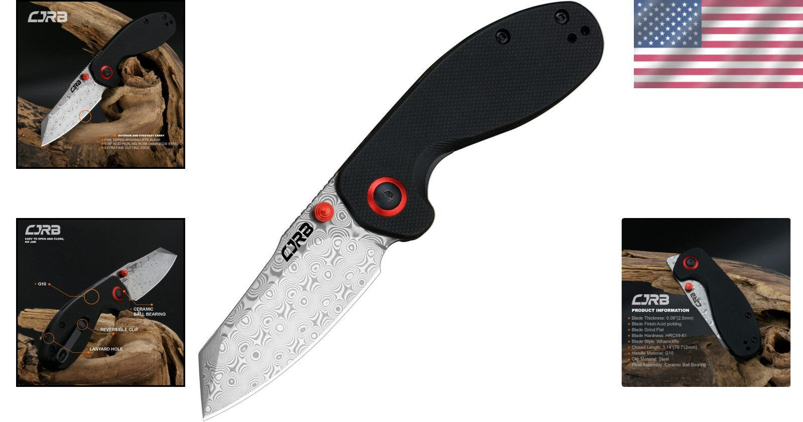 Limited Edition CJRB Maileah Damascus Pocket Knife with G10 Handle - Compact EDC