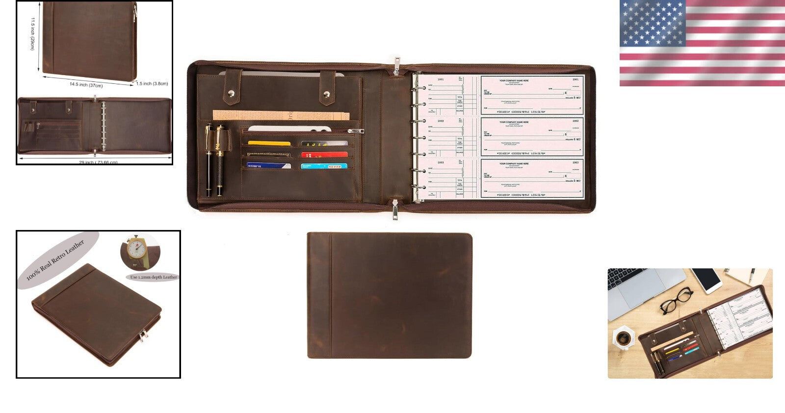 Stylish Zippered Checkbook Binder for Business Checks - Leather 7 Ring System