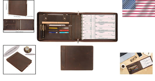 Stylish Zippered Checkbook Binder for Business Checks - Leather 7 Ring System