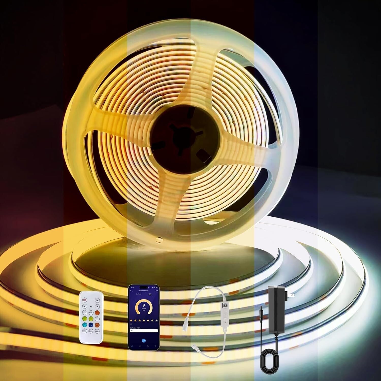CCT 32.8ft Tunable White LED Strip - Bluetooth Dimmable Tape Light for Elegance