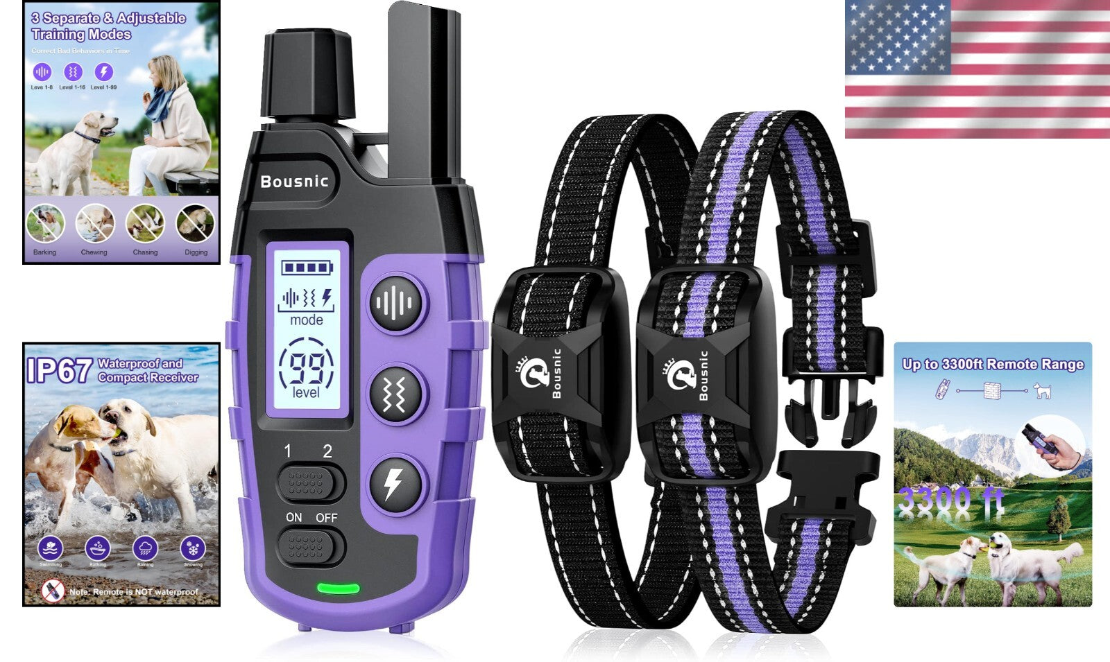 Rechargeable Dog Training Collar for 2 Dogs - 3 Modes, Waterproof Design