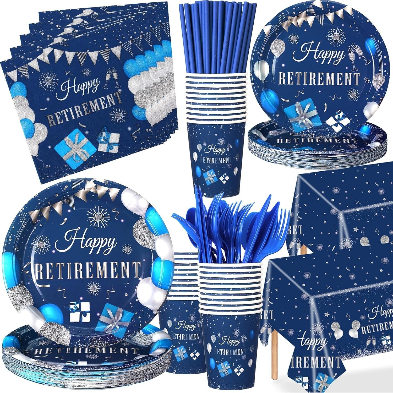 Durable 452 Pcs Retirement Decorations - Blue Silver Theme for Memorable Parties