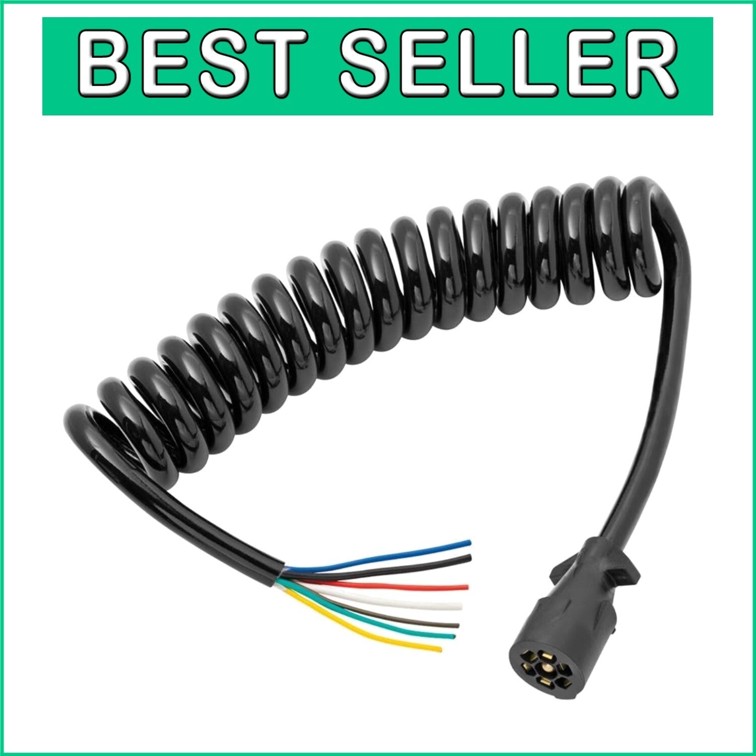 Coiled 7-Way Trailer Wire End Connector Harness - Durable & Weather-Resistant