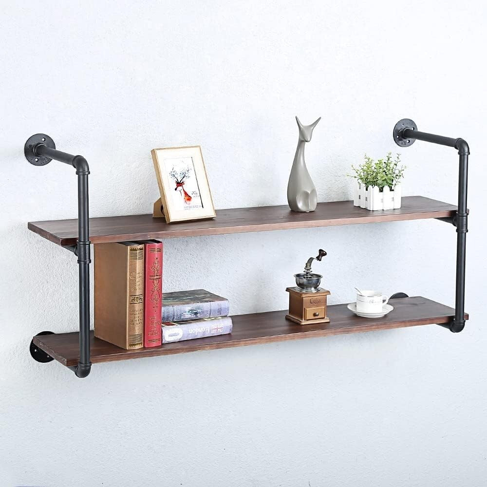 48in Industrial Pipe Floating Bookshelves - Rustic Metal & Wood Wall Storage