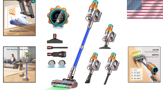 Powerful 600W Cordless Stick Vacuum Cleaner with HEPA Filter & LED Touch Screen