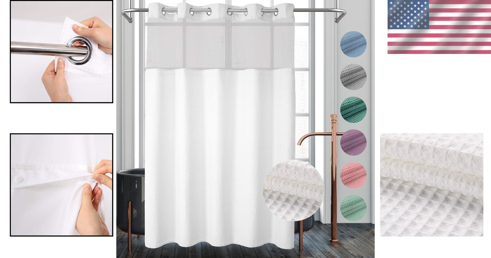 Stylish White Waffle Weave Shower Curtain Set - Grommet Style, 71 x 74 Inches