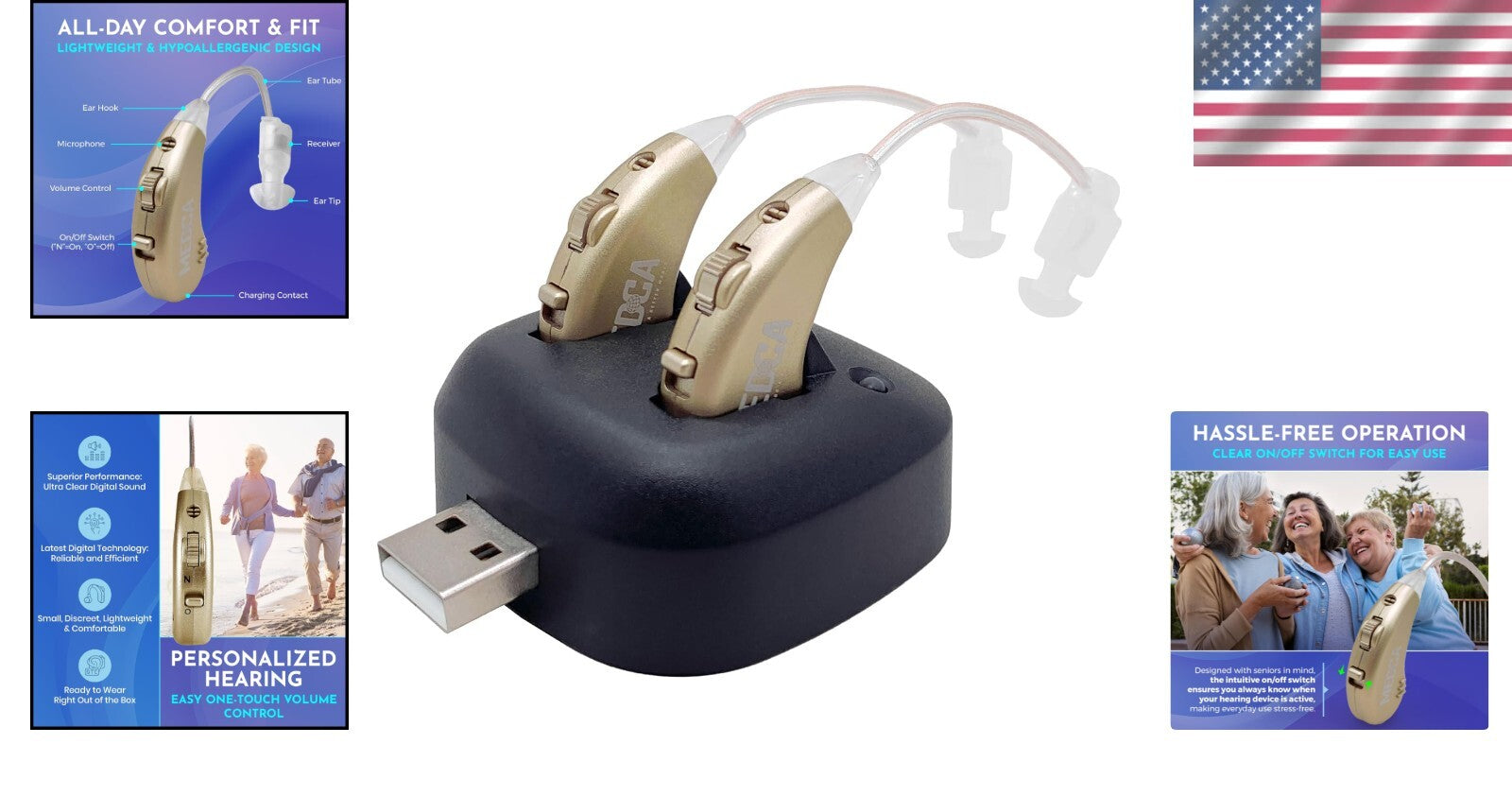 Lightweight BTE Personal Sound Amplifier Set - USB Rechargeable, All-Day Comfort