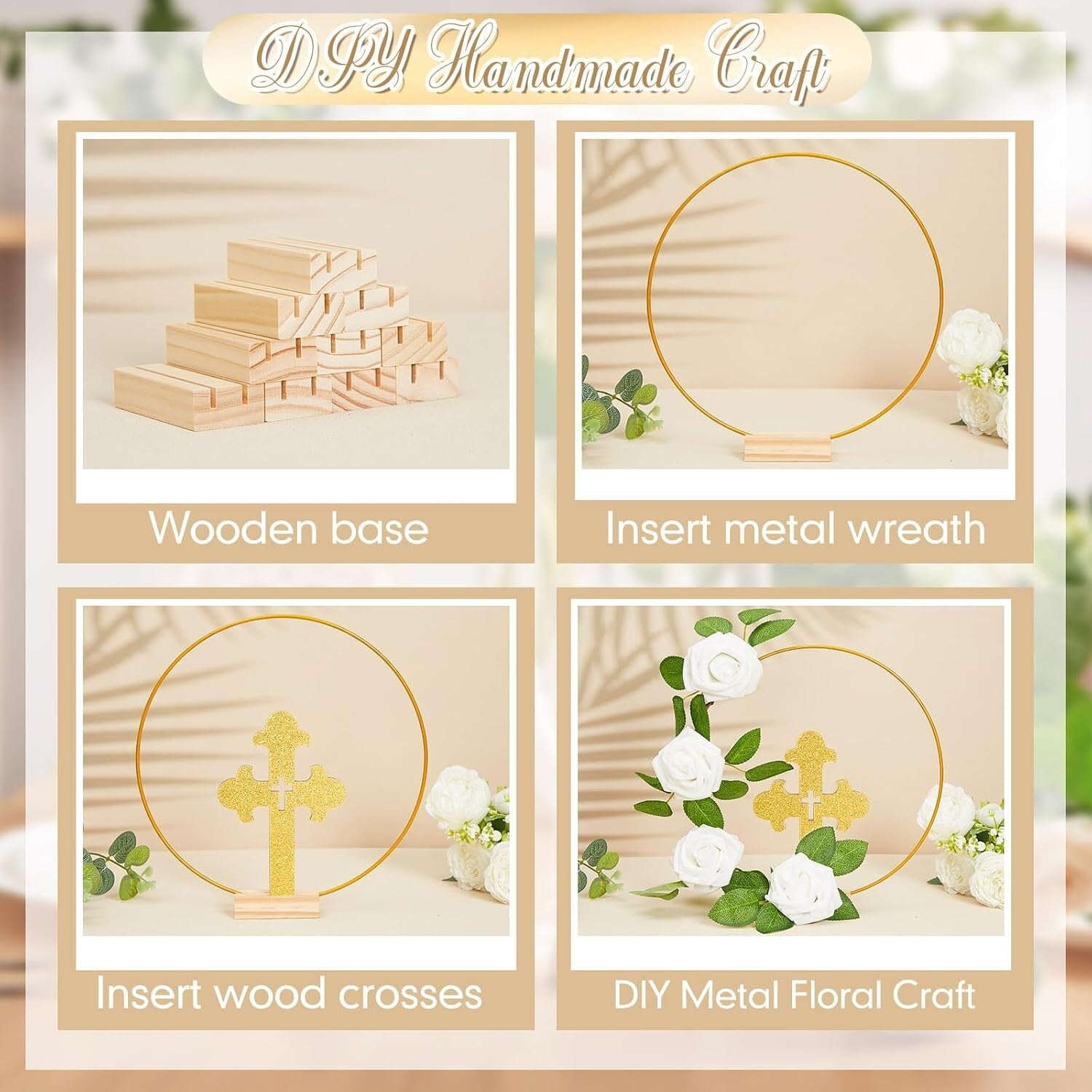48 Pcs Gold & White Baptism Centerpieces: Wood Crosses, Floral Hoops & Roses
