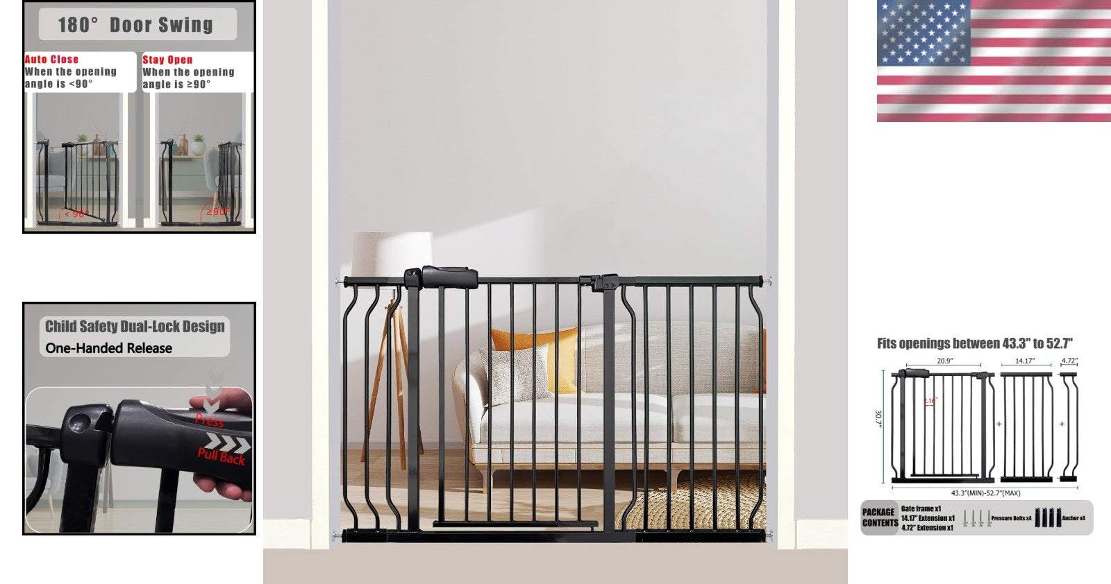 Easy Install Extra Wide Baby Gate 48-52.7" - Auto-Close Safety for Kids & Pets