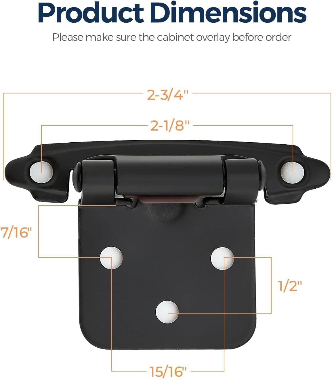 Durable 60 Pack of 1/2" Overlay Black Cabinet Hinges with Quiet Closing Bumpers