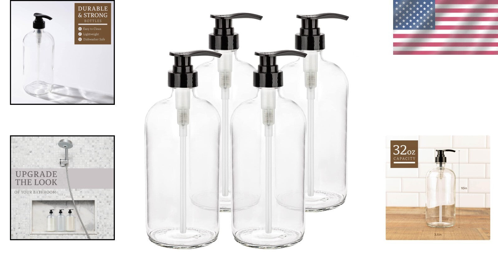 Durable 32 oz Flint Glass Pump Dispenser - Reusable Shampoo Bottle Solution