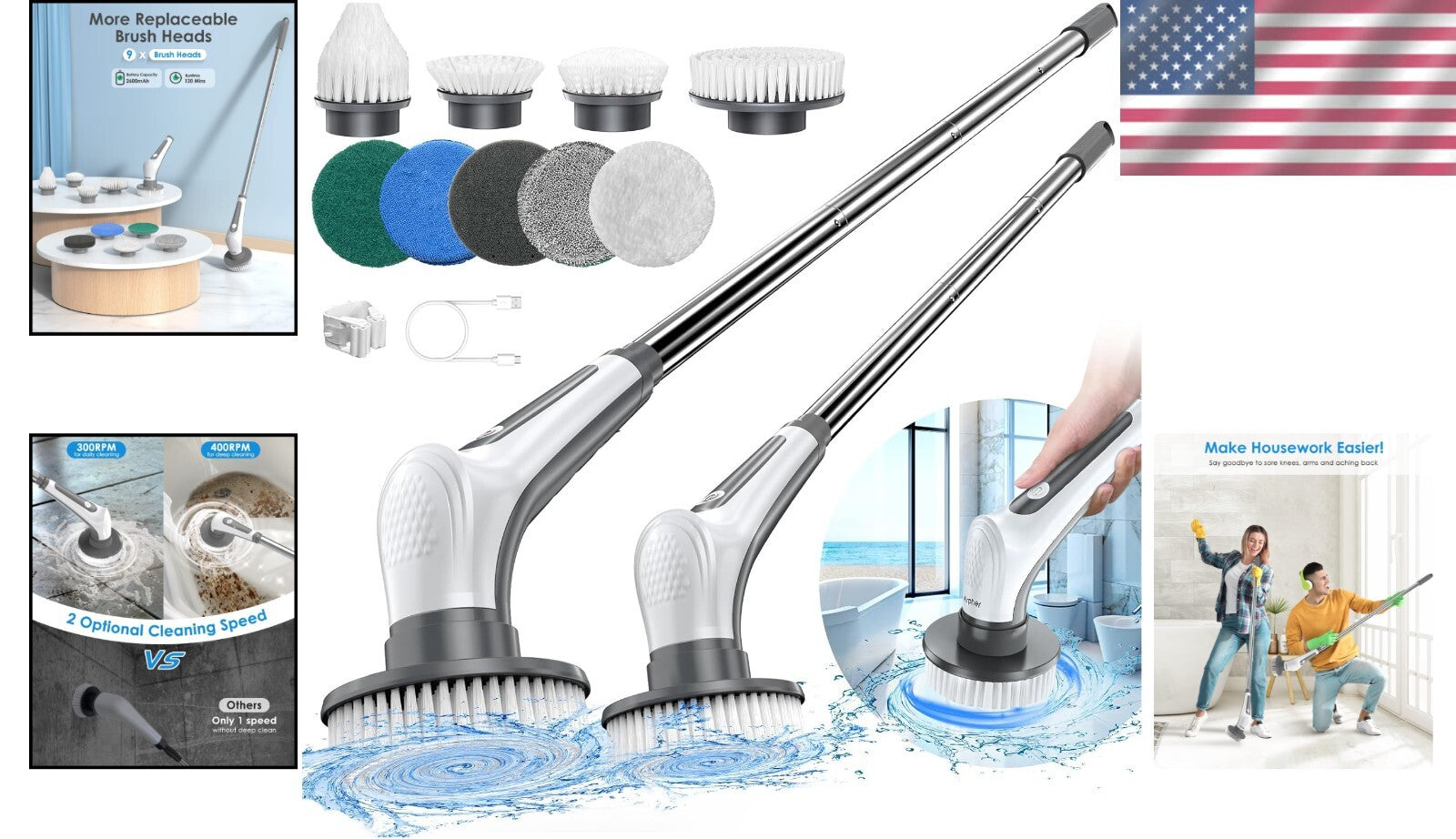 Effortless 10 in 1 Cordless Electric Scrubber with Detachable Handle & Brush Set