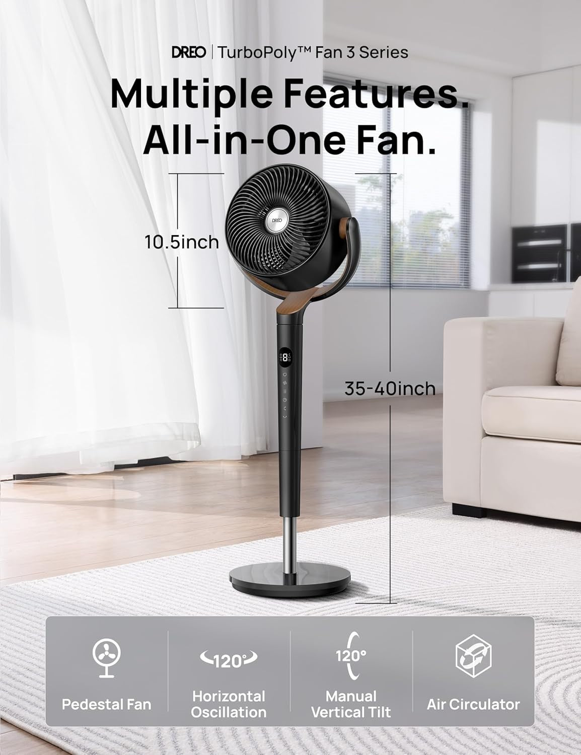 Energy-Efficient DC Motor Floor Fan with Adjustable Height and 120° Oscillation