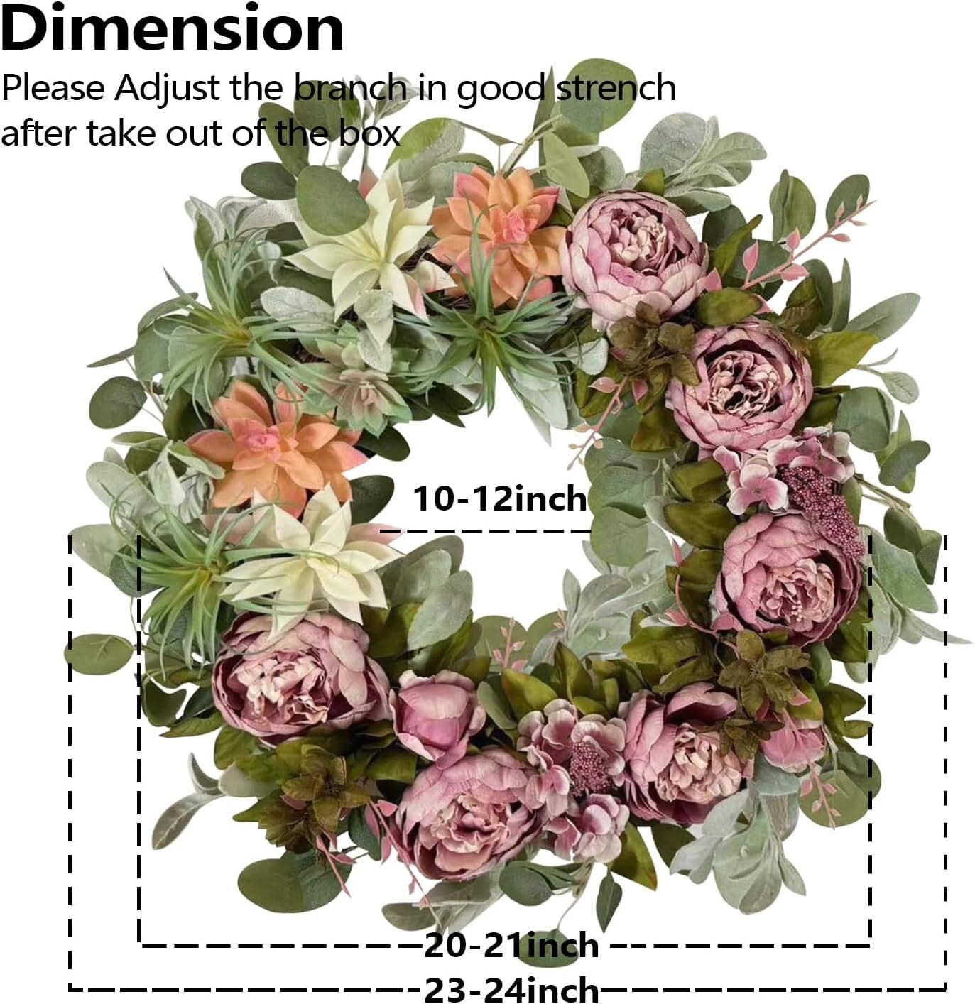 Stylish 24 Inch Spring Peony Wreath with Succulent Arrangement - Indoor/Outdoor