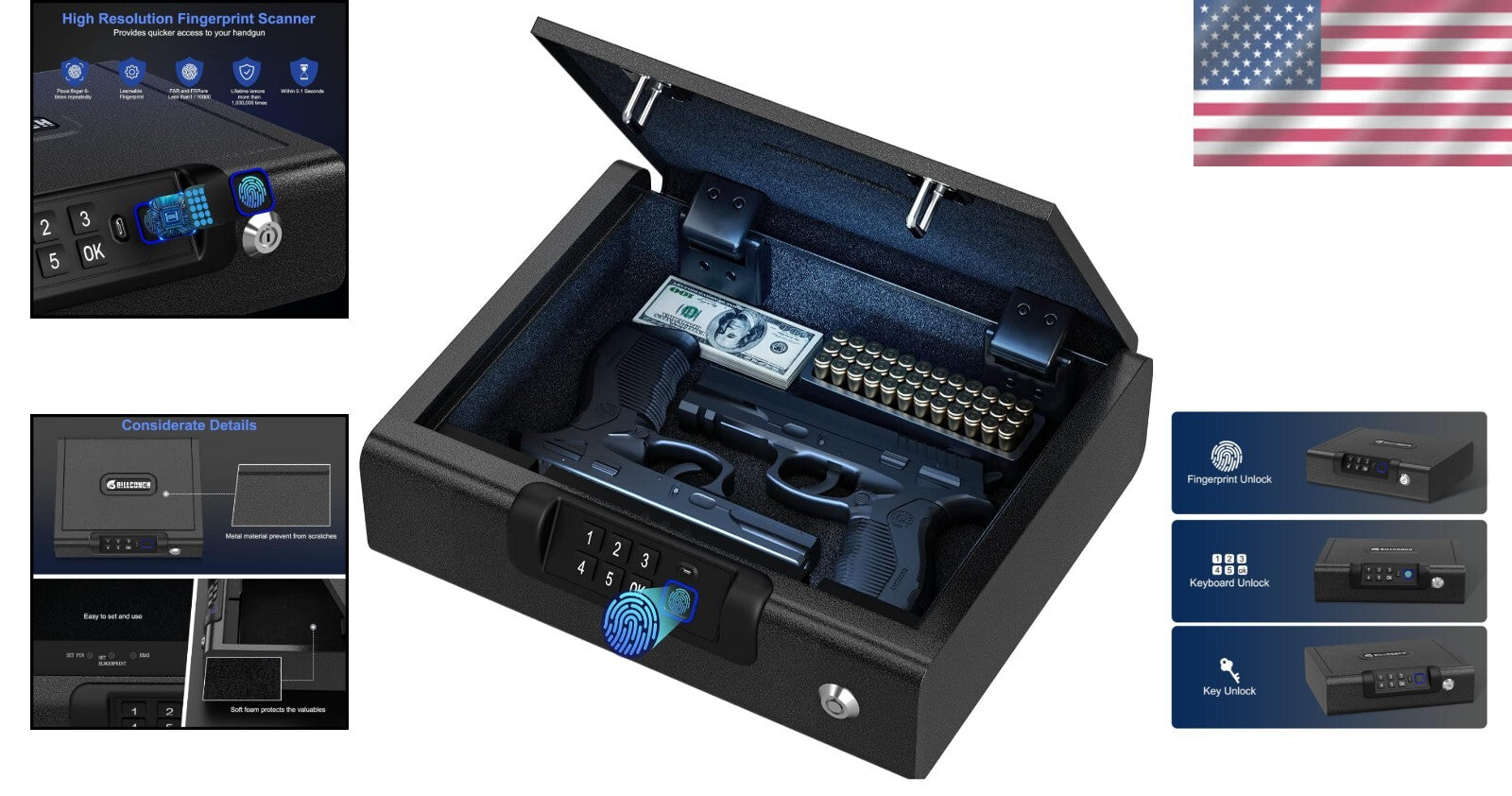 Secure Gun Safe with Biometric Access and USB Rechargeable Battery - Ideal Size