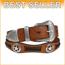 Load image into Gallery viewer, Men's Genuine Full Grain Leather Belt with Antique Buckle &amp; Conchos - 1-1/2"