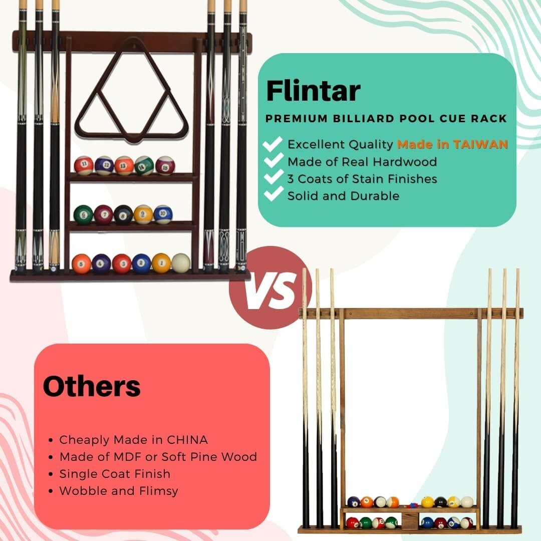 Elegant Black Wall Mount Cue Rack - Holds 6 Cues & 16 Balls - Easy Installation