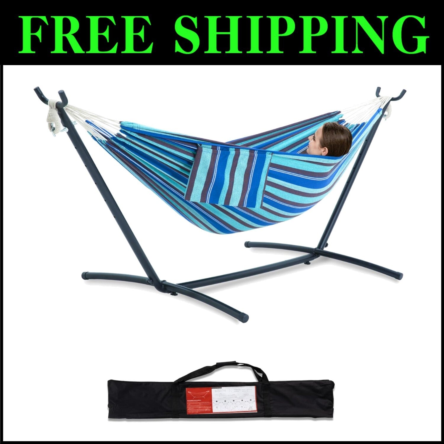 Brazilian-Style Double Hammock with Steel Stand - 450 lb Capacity & Easy Setup