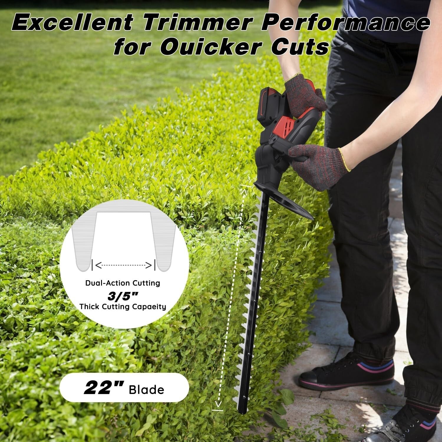 Efficient Battery-Powered Hedge Trimmer with Safety Lock & 3/5 Cutting Capacity