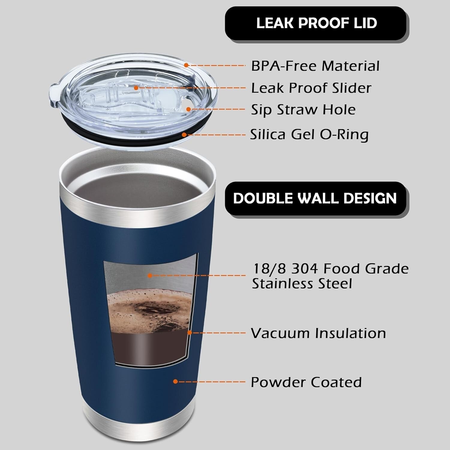 12 Pack Navy Blue Stainless Steel Tumblers with Lid - 20oz Insulated Travel Mugs