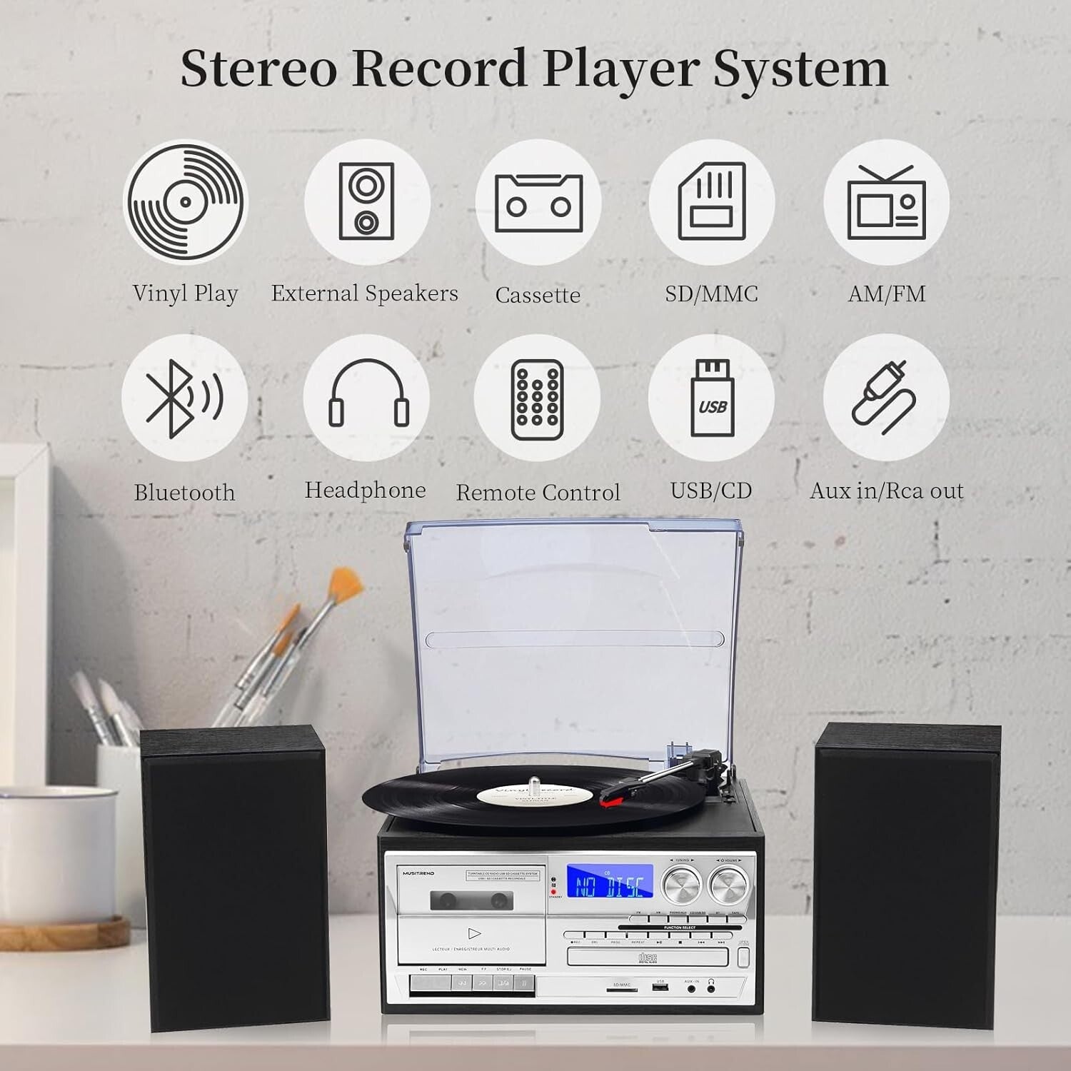 10-in-1 Bluetooth Record Player with External Speakers – Music Versatility in...