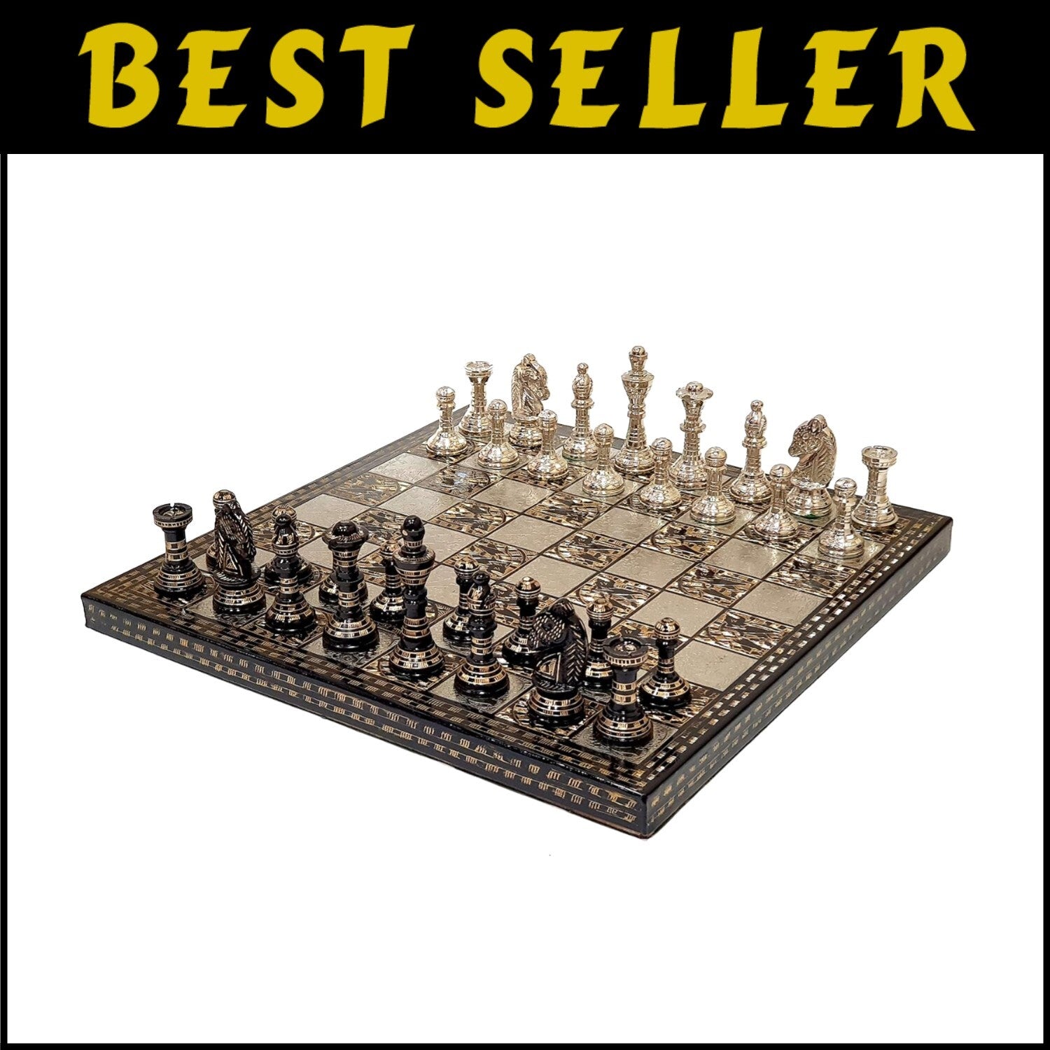 Artisan 12" x 12" Brass Chess Board with Durable Wooden Base & 100% Brass Pieces