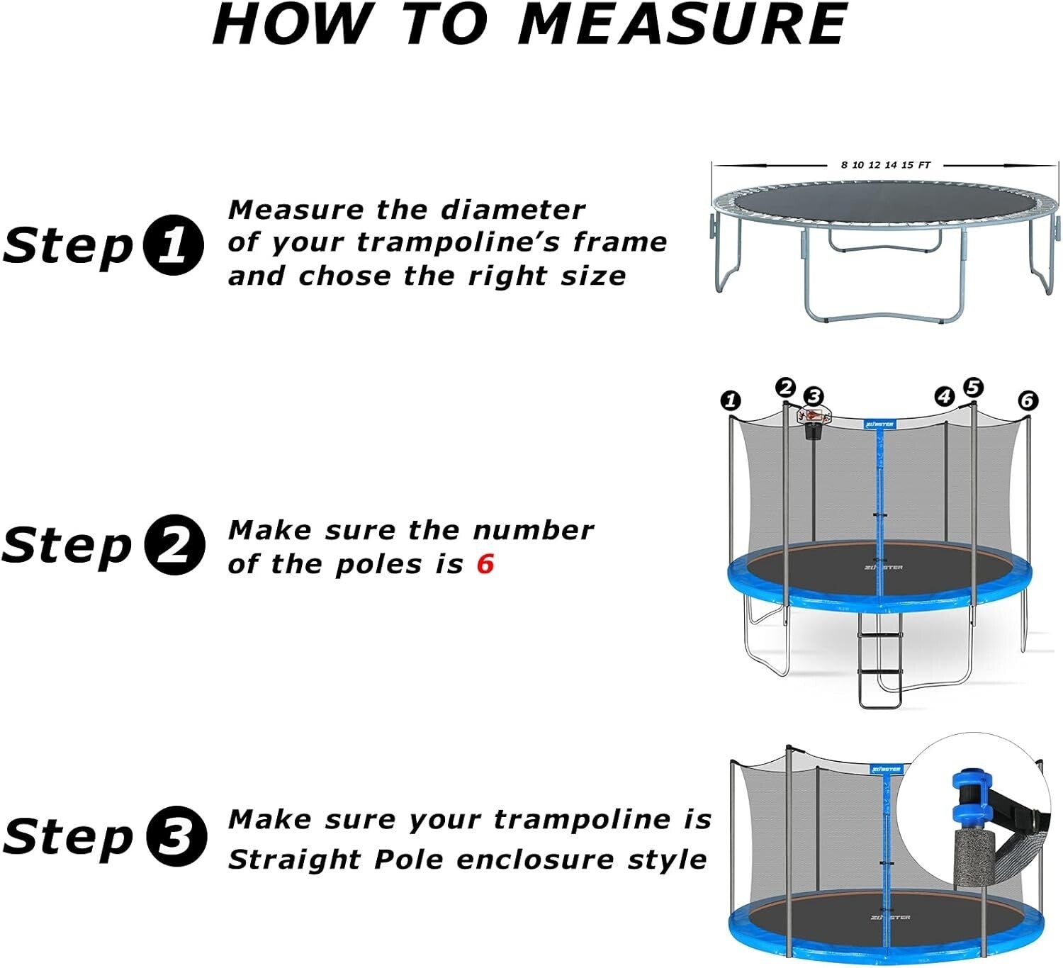 15ft Trampoline Safety Enclosure Net for 6 Straight Poles - Durable & Secure