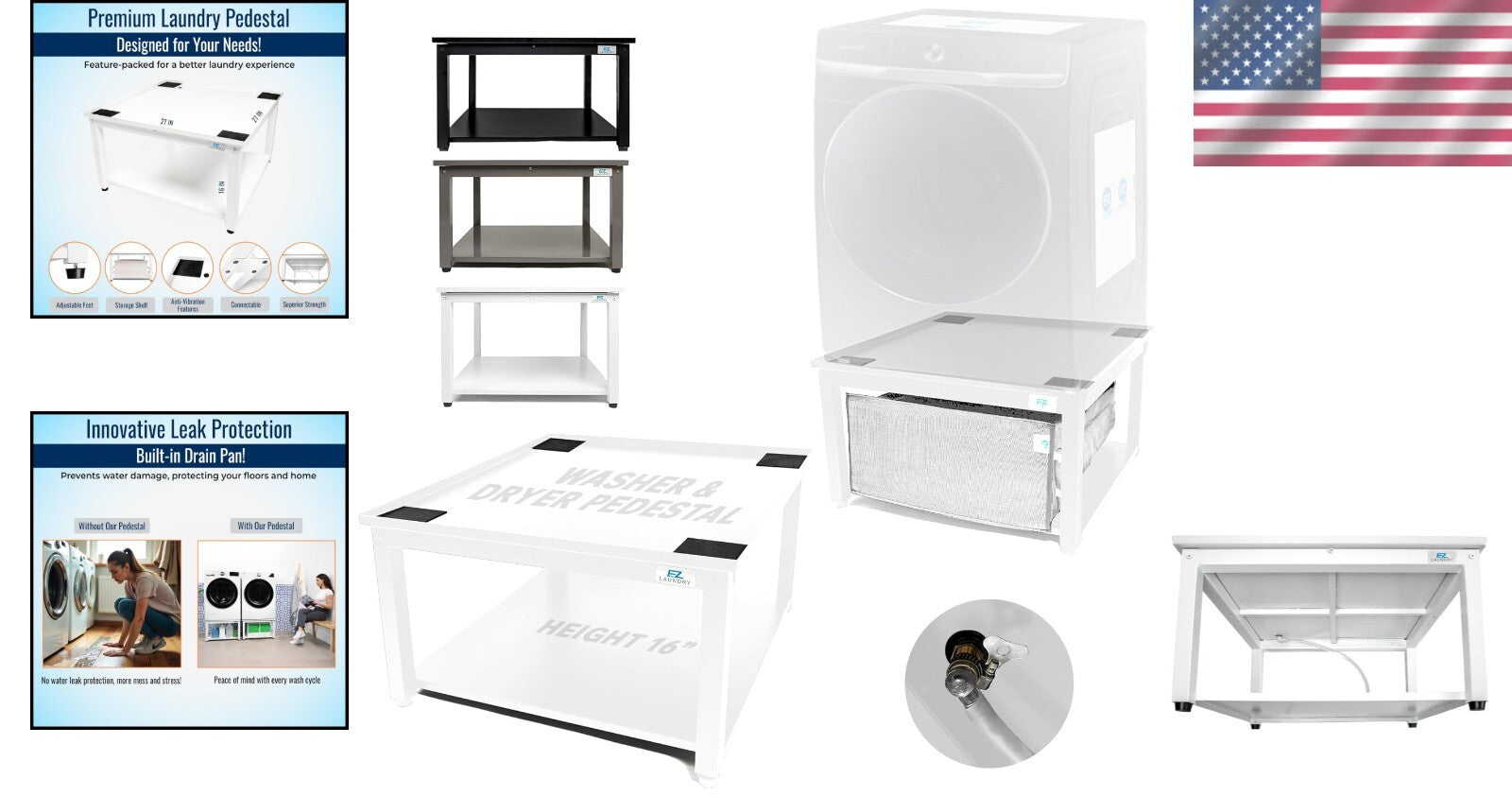 Reinforced Steel Laundry Pedestal - Ergonomic 16" Height, Leak-Proof System