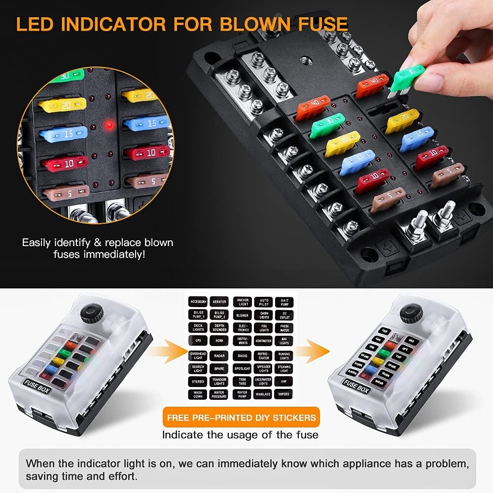LED Indicator 12-Way Fuse Block with Spare Slots - Safe Circuit Protection Tool