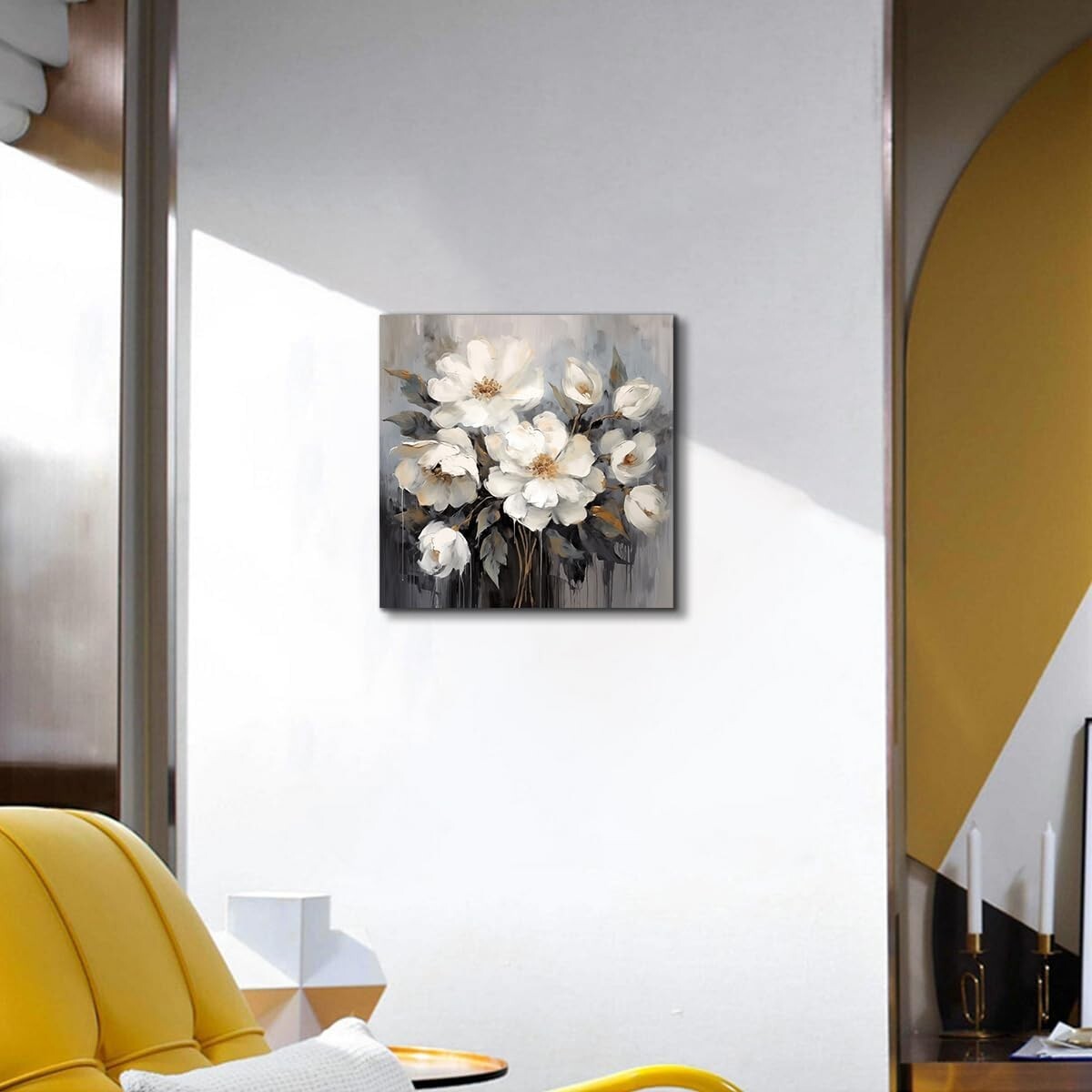 Elegant 24x24in White and Gray Flower Canvas Wall Art for Home Decor