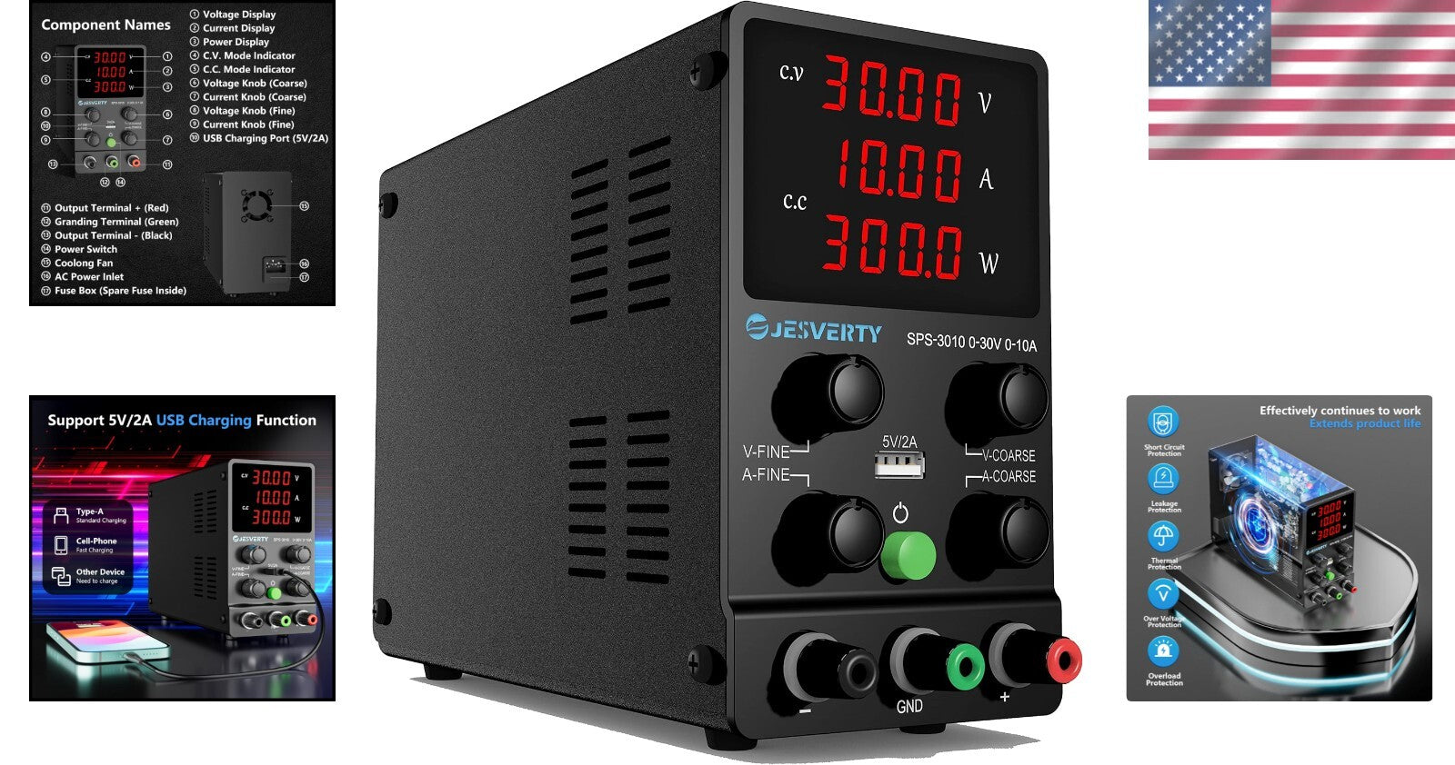Lightweight 0-30V 10A Power Supply with 4-Digit Display & Coarse/Fine Adjustment