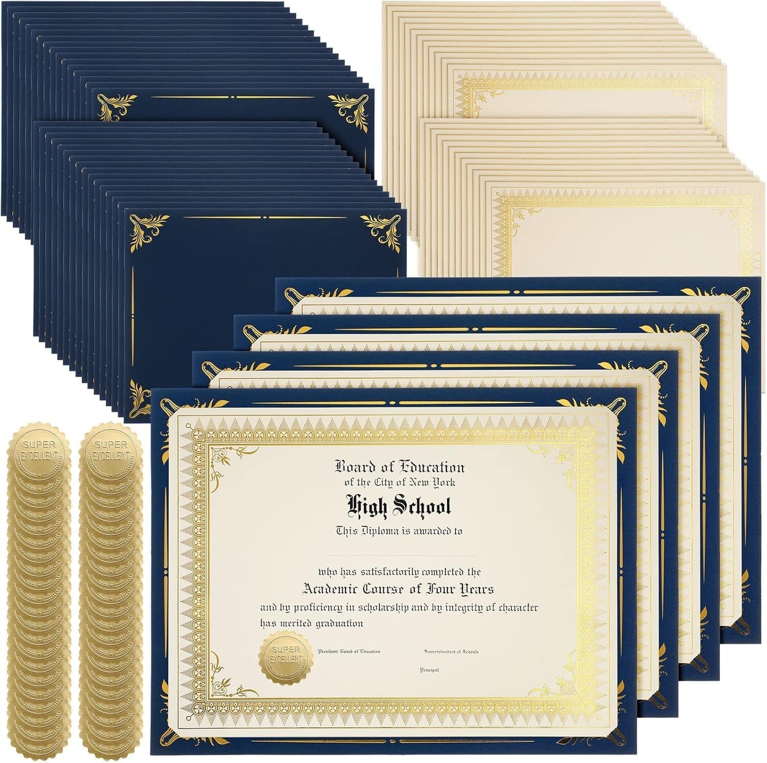 Complete 100-Piece Navy Blue Certificate Holder Set with Embossed Foil Seals