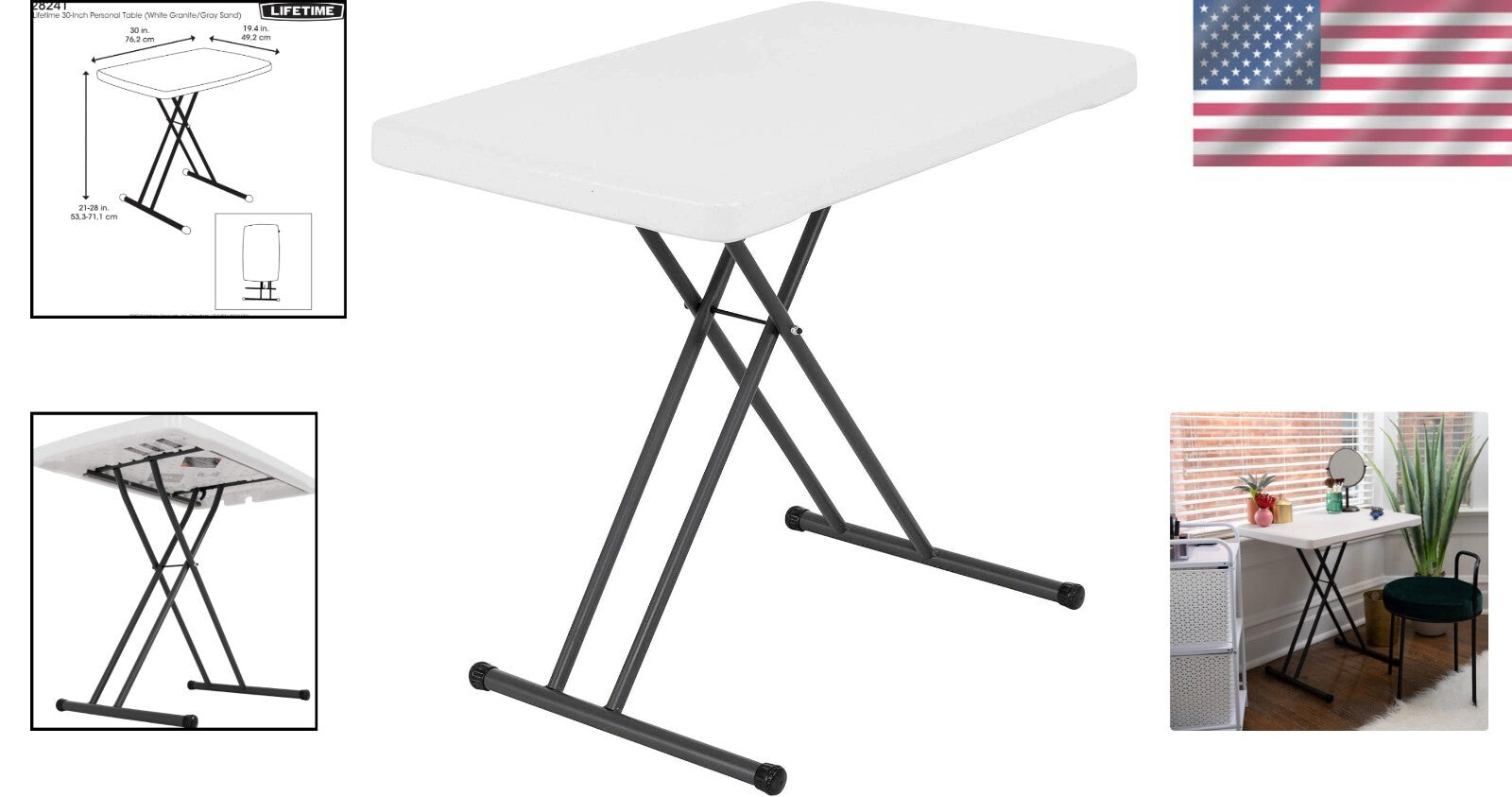 30-Inch White Granite Folding TV Tray - Adjustable Height for Home & Outdoor