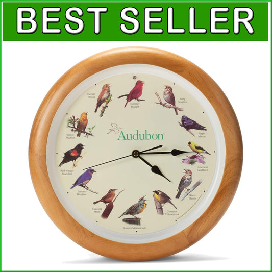Educational Singing Bird Wall Clock with Light Sensor - 13 Inch Oak Frame