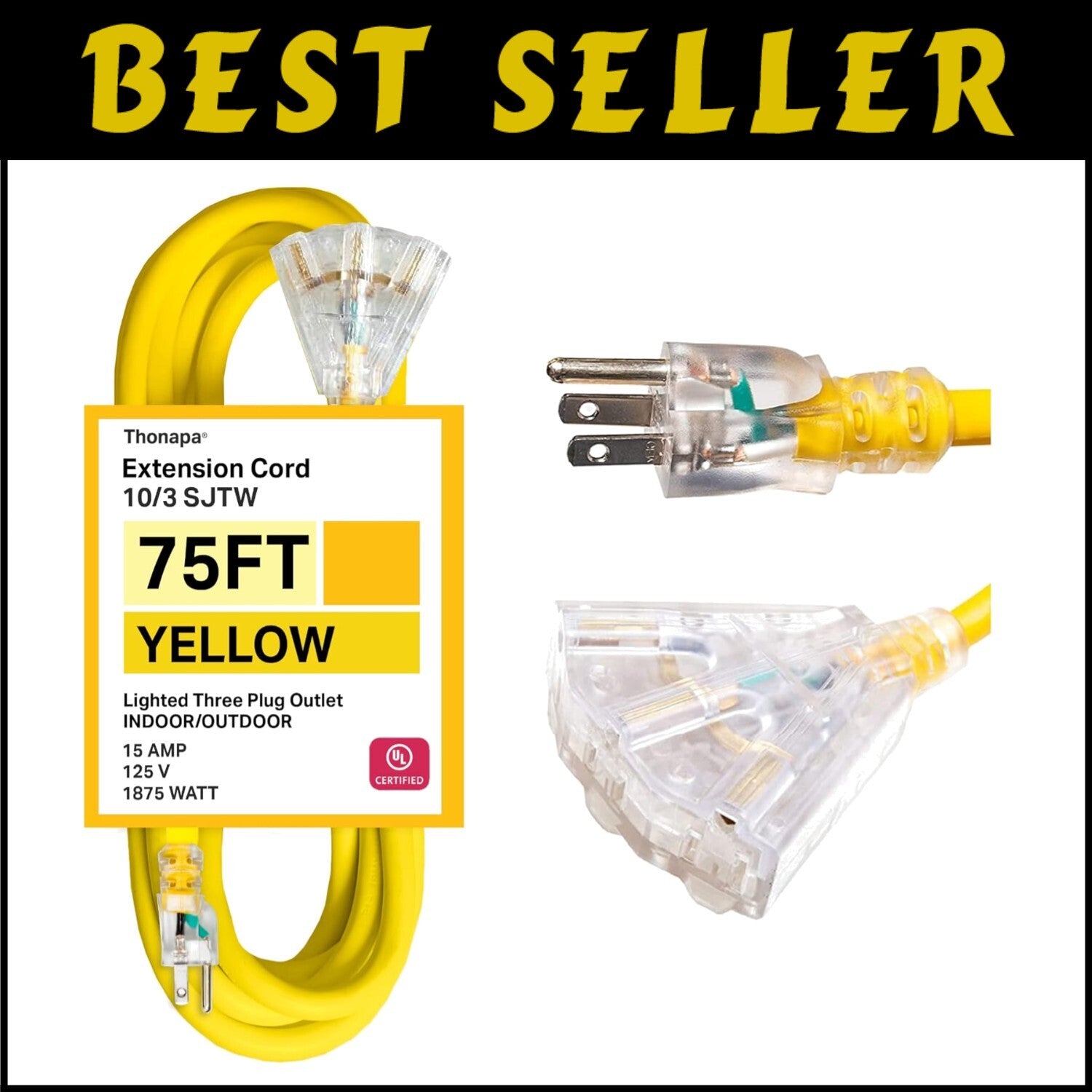 10/3 SJTW Outdoor Extension Cord 75 Ft with Lighted End - 3 Outlet Power Block