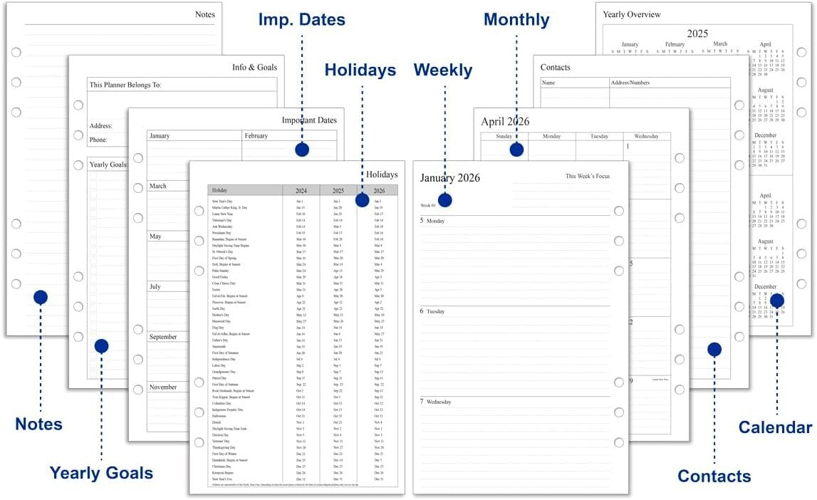 2025-2026 Leather Planner, A5 Refillable Organizer with Extra Storage Pockets