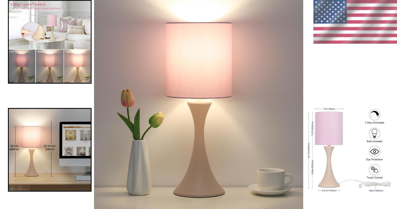 Elegant Pink Touch Lamp with 3-Way Dimmable Control – Perfect Nightstand Decor