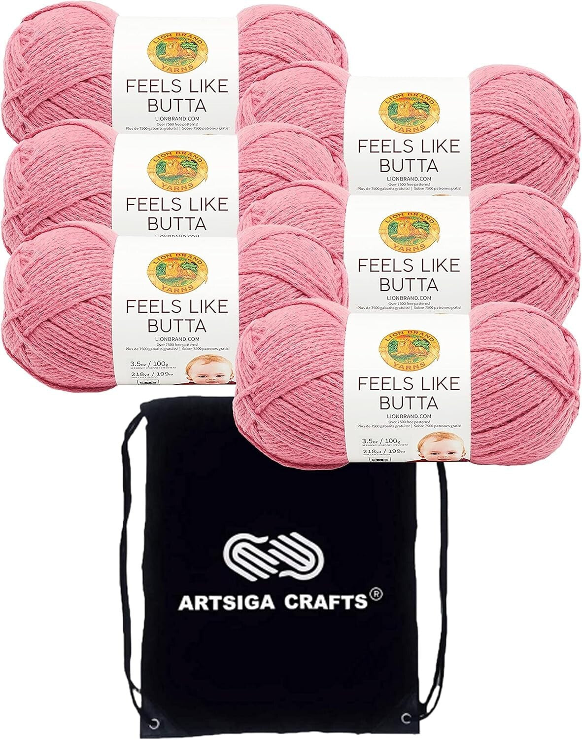 6 Skeins Ultra-Soft Dusty Pink Yarn - Easy Crafting with Project Drawstring Bag