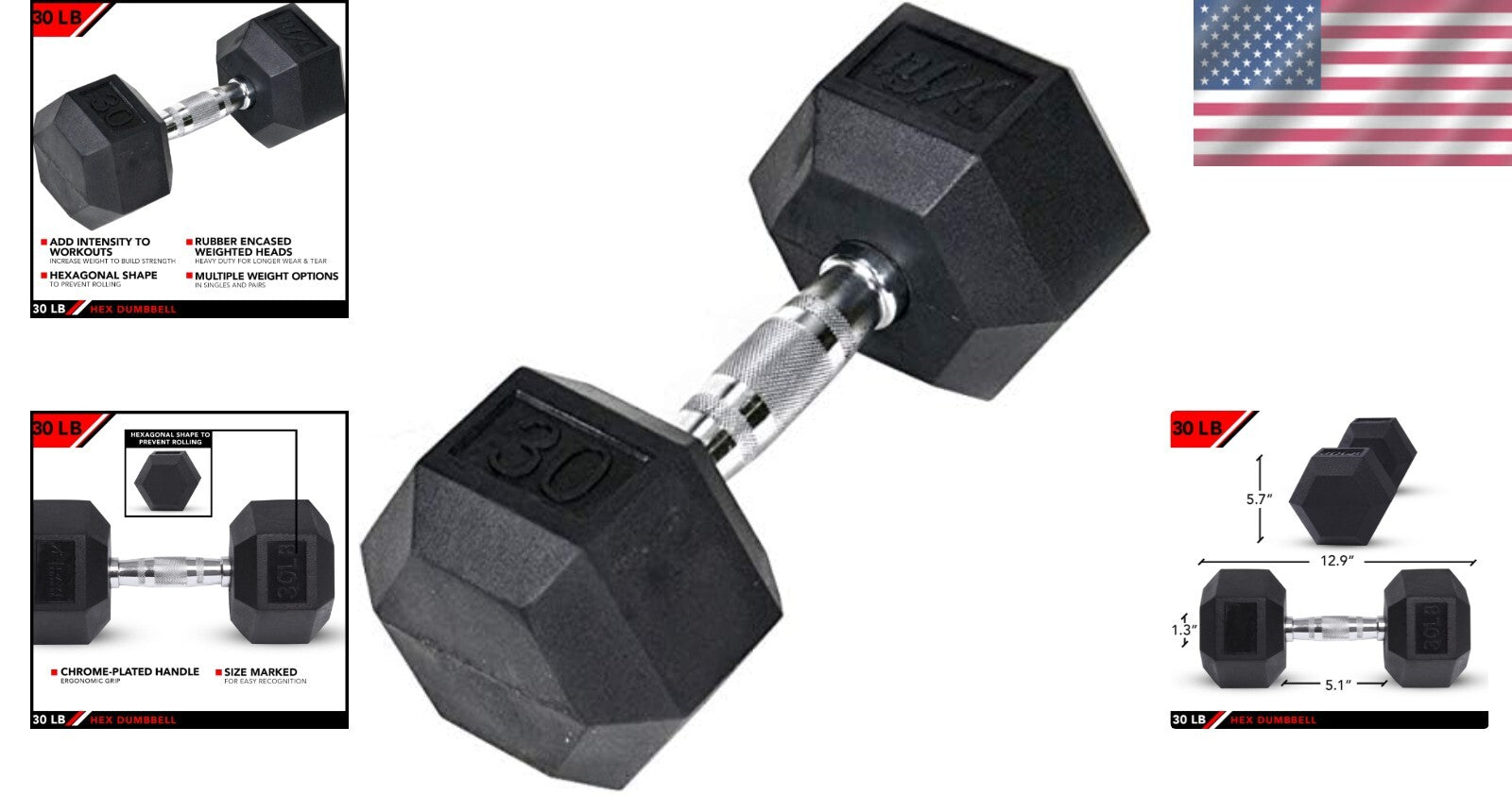 Ergonomic 30 lb Hex Dumbbell - Perfect for Weight Training and Muscle Toning